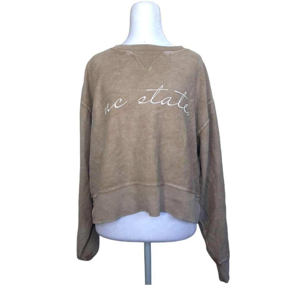Chicka-d Distressed Beige NC State Thermal Pullover Sweatshirt